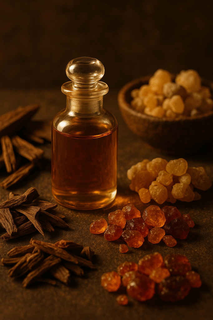 Frasco de aceite de perfume árabe rodeado de resinas, maderas y esencias naturales auténticas